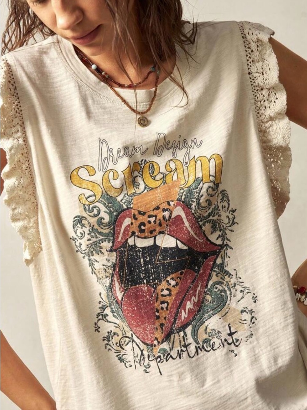 Boho Concert Festival Cream Graphic Lace-Trim Ruffle Sleeveless Tee Size Large